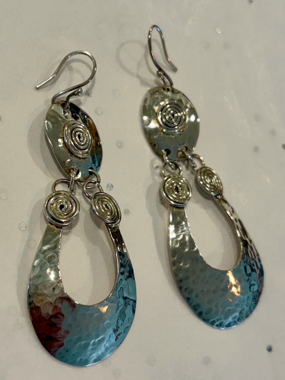 Hammered Silver-Tone Dangle Earrings - Spiral Accent - Picture 3 of 4